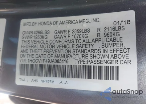 2018 Honda Accord Ex из США, поврежденный, VIN 1HGCV1F49JA085416